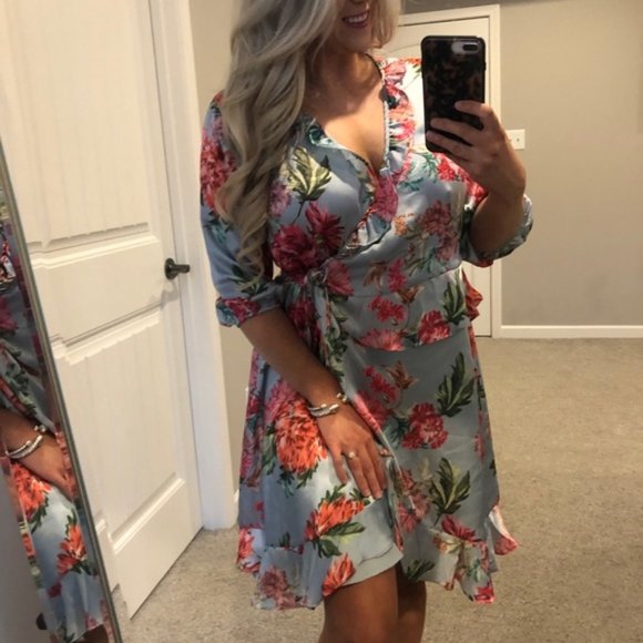 NWT Ella Moon Blue Pink Ruffle Floral Wrap Dress